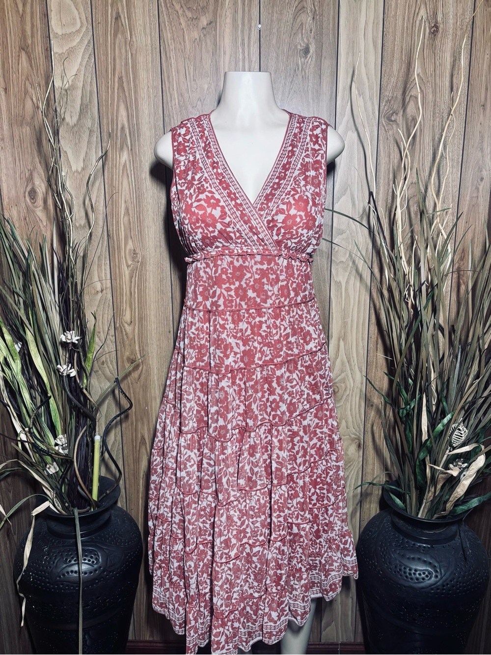 Max Studio Dusty Rose Floral Wrap-Style Tiered Midi Dress